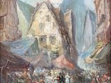 painting of a street scene with people and buildings in the background