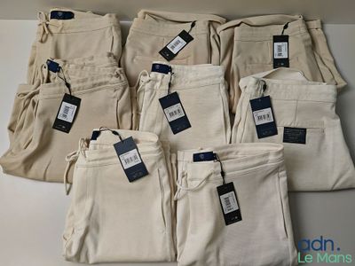 several pairs of men ' s khaki pants with price tags on them