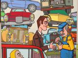 a cartoon picture of a man talking to a woman in a car
