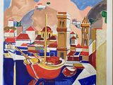 a picture of a painting of a boat in the water