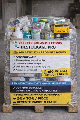 une palette sur laquelle sont empilées de nombreuses bouteilles de lotion