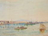un tableau représentant des bateaux sur l'eau près d'un pont