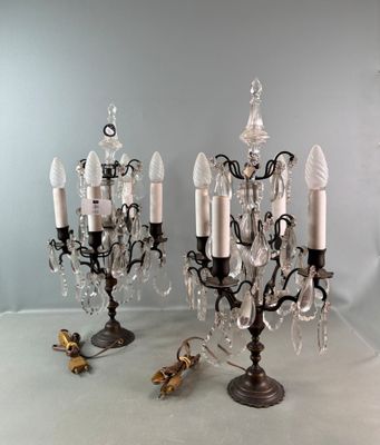 paire de chandeliers en cristal ornés de figurines d'oiseaux sur leurs socles