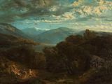une image représentant un tableau représentant un paysage de montagne avec un lac au loin