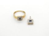 an image of a diamond and sapphire ring and a diamond pendant