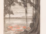 a drawing of an orange circle in the middle of the water