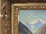 an image of a painting of a man and a dog in a mountainous landscape