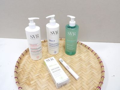 three different types of skin care products sitting on a tray