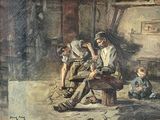 a painting of a man sitting on a bench with two children