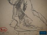 drawing of a woman in a long dress sitting on the ground