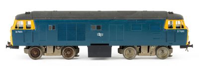 a blue and yellow train car on a white background