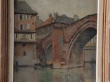 painting of a bridge over a body of water with buildings in the background