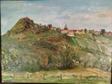 an oil painting of a hill with a village on top of it