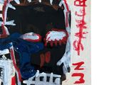 painting of a skull on a white wall with red and black writing