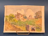 une vieille photo représentant une peinture d'une ferme avec une maison en arrière-plan