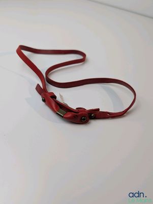 a red leather leash with a metal clasp on it