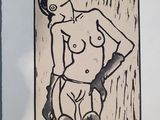dessin représentant une femme nue tenant un pistolet dans la main droite