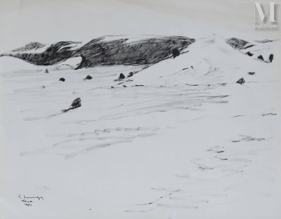 dessin au crayon représentant un paysage enneigé avec des rochers et de la neige au sol