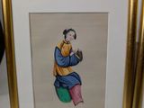 painting of a woman sitting on a stool holding a bag