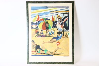 a picture of a painting of people on the beach