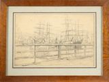an image of a drawing of ships docked in a harbor