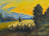 a painting of a man herding a flock of sheep