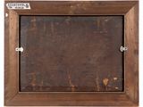 an old wooden picture frame with a metal latch on it