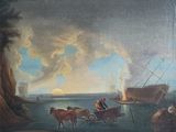 a painting of a man on a boat in the water