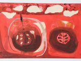 une peinture représentant un bol de nourriture posé sur un fond rouge