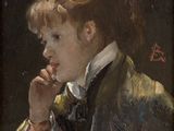 painting of a woman in a black jacket and white shirt with her hand on her chin