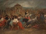 painting of a group of people riding on the backs of horses in front of a crowd
