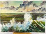 a painting of a painting of a wave coming in to the ocean