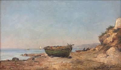 un tableau représentant un bateau sur la rive, au bord de l'eau