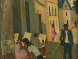 painting of a street scene with people and a dog on a leash