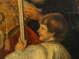 painting of a man holding a sword in front of a man in a white robe
