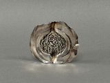 a silver ring with a black stone inside of it