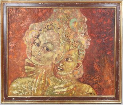 une peinture à l'huile représentant une femme tenant un bébé dans ses bras