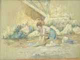 une photo d'un tableau représentant une femme sur le sable