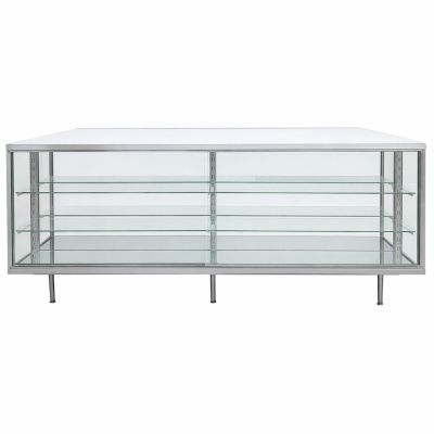 a glass display case with shelves and shelves on each side