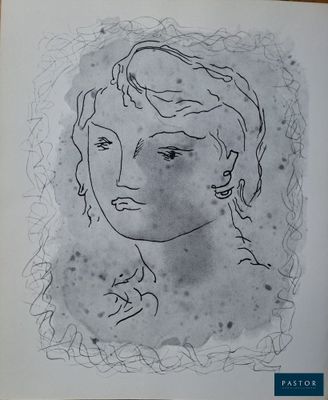 un dessin à l'encre représentant le visage d'une femme sur une feuille de papier
