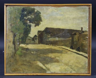 une image représentant une peinture d'une route avec une grange en arrière-plan