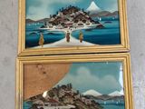two paintings of people walking on a beach with a mountain in the background