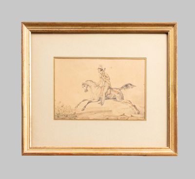 a drawing of a man riding a horse in a gold frame