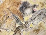 painting of a cat chasing a bear in a field of grass