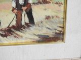 a painting of a man plowing a field with a dog