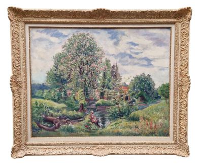 une image représentant un tableau représentant un paysage avec une rivière et des arbres