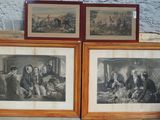 three framed pictures of people sitting on a bench in front of a stone wall