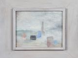 an oil painting of a beach scene with a sailboat in the distance