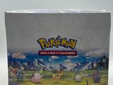 a box of pokemon trading cards with a mountain scene in the background