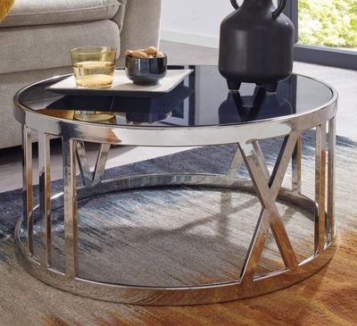 Table basse ronde en verre noir et acier argenté, dimensions…